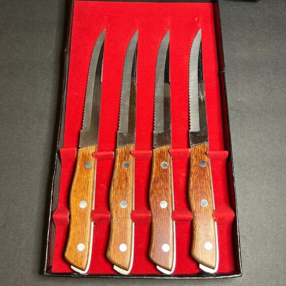 Vintage Set of 4 Maxam CTGB4 Wooden Handle Steak Knives w/ 5" Blades & Box - Picture 4 of 6
